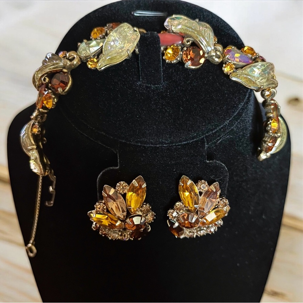 Vintage HOLLYCRAFT Amber & Iridescent Rhinestone Bracelet and Earrings Set